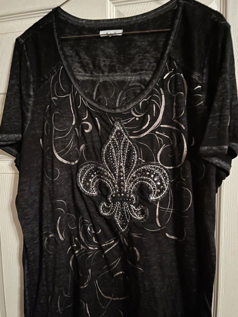 Maurices Black Short Sleeve Scoop Neck Top with Jeweled Fleur-de-Lis